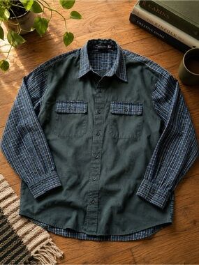 Vintage Bugle Boy Jean Company Plaid & Solid Button-Up Shirt | Size L